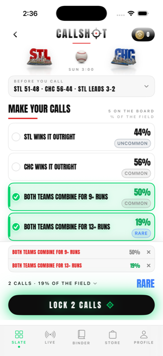 The CallShot app: two calls selected on a game board, showing 19 percent of the field and a rare tier, with the lock button lit