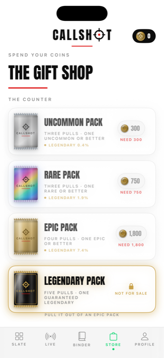 The gift shop: four pack tiers bought with earned coins, with the legendary pack marked not for sale